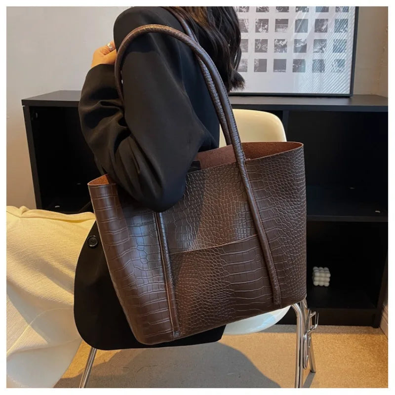Crocodile Pattern Women Bag Set 2-IN-1 Large Capacity Shopping Totes Shoulder Bags with Pure Color Soft PU Leather Big Tote Bag