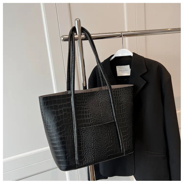 Crocodile Pattern Women Bag Set 2-IN-1 Large Capacity Shopping Totes Shoulder Bags with Pure Color Soft PU Leather Big Tote Bag