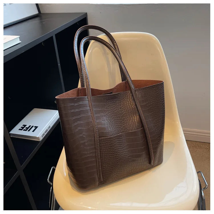 Crocodile Pattern Women Bag Set 2-IN-1 Large Capacity Shopping Totes Shoulder Bags with Pure Color Soft PU Leather Big Tote Bag