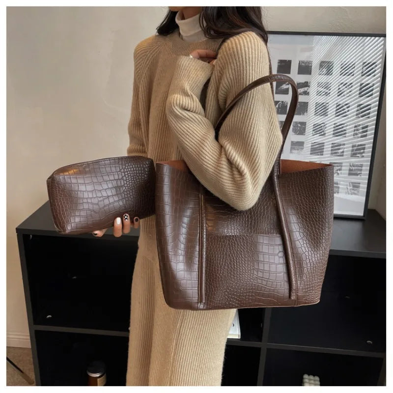 Crocodile Pattern Women Bag Set 2-IN-1 Large Capacity Shopping Totes Shoulder Bags with Pure Color Soft PU Leather Big Tote Bag