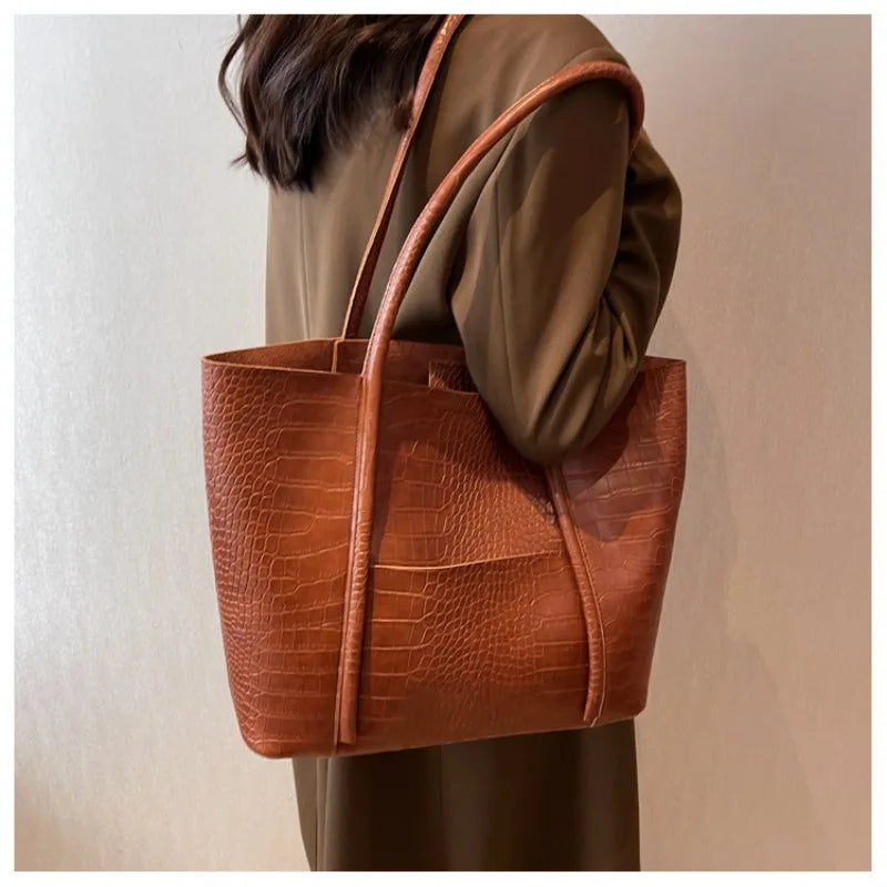 Crocodile Pattern Women Bag Set 2-IN-1 Large Capacity Shopping Totes Shoulder Bags with Pure Color Soft PU Leather Big Tote Bag