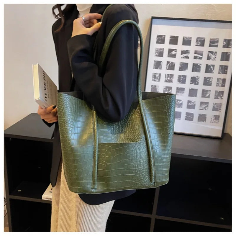 Crocodile Pattern Women Bag Set 2-IN-1 Large Capacity Shopping Totes Shoulder Bags with Pure Color Soft PU Leather Big Tote Bag