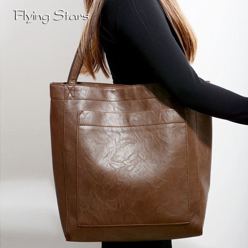 Women's Shoulder Bag Oil Wax Leather Large Capacity Fashionable New Big Tote Bag Retro Soft Leather Oversized Shopping Handbag