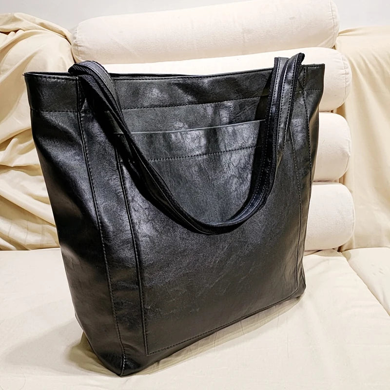 Women's Shoulder Bag Oil Wax Leather Large Capacity Fashionable New Big Tote Bag Retro Soft Leather Oversized Shopping Handbag