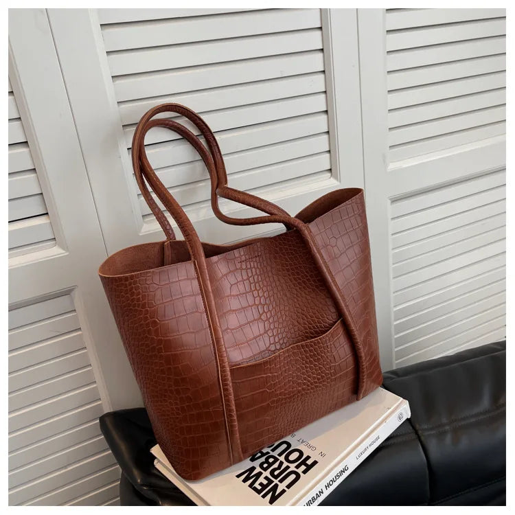 Crocodile Pattern Women Bag Set 2-IN-1 Large Capacity Shopping Totes Shoulder Bags with Pure Color Soft PU Leather Big Tote Bag