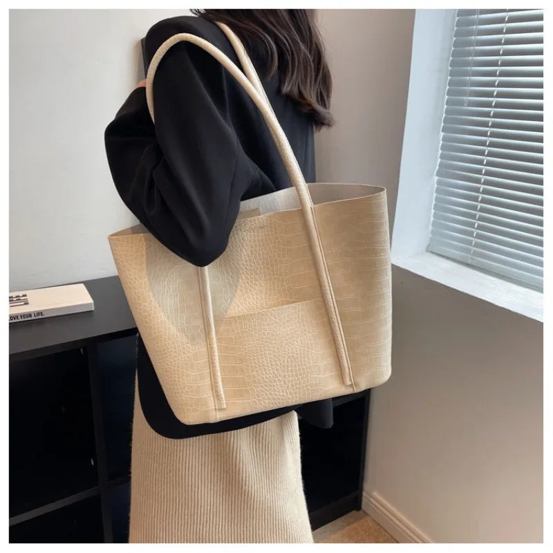 Crocodile Pattern Women Bag Set 2-IN-1 Large Capacity Shopping Totes Shoulder Bags with Pure Color Soft PU Leather Big Tote Bag
